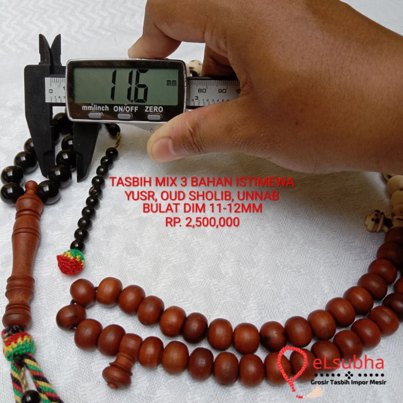 Tasbih Mix 3 Bahan Istimewa (Yusr, Oud Sholib, Unnab) dim 11-12mm Setting Tijaniyah