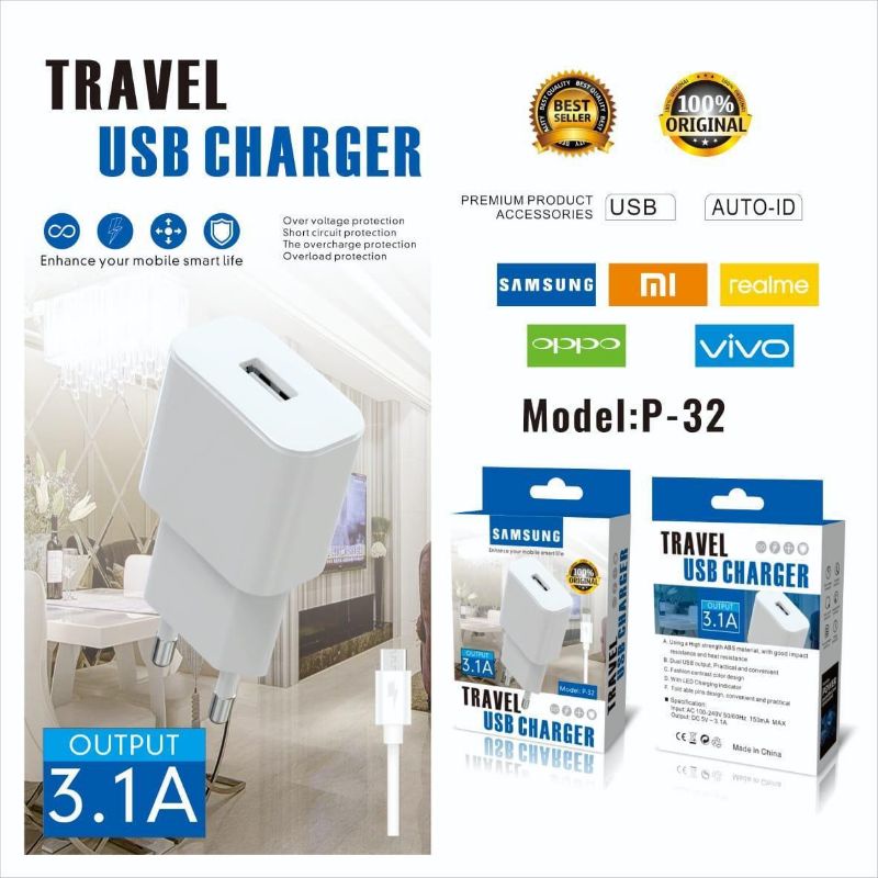 Travel Charger Branded P-32 3.1A V8/Micro USB Casan P32