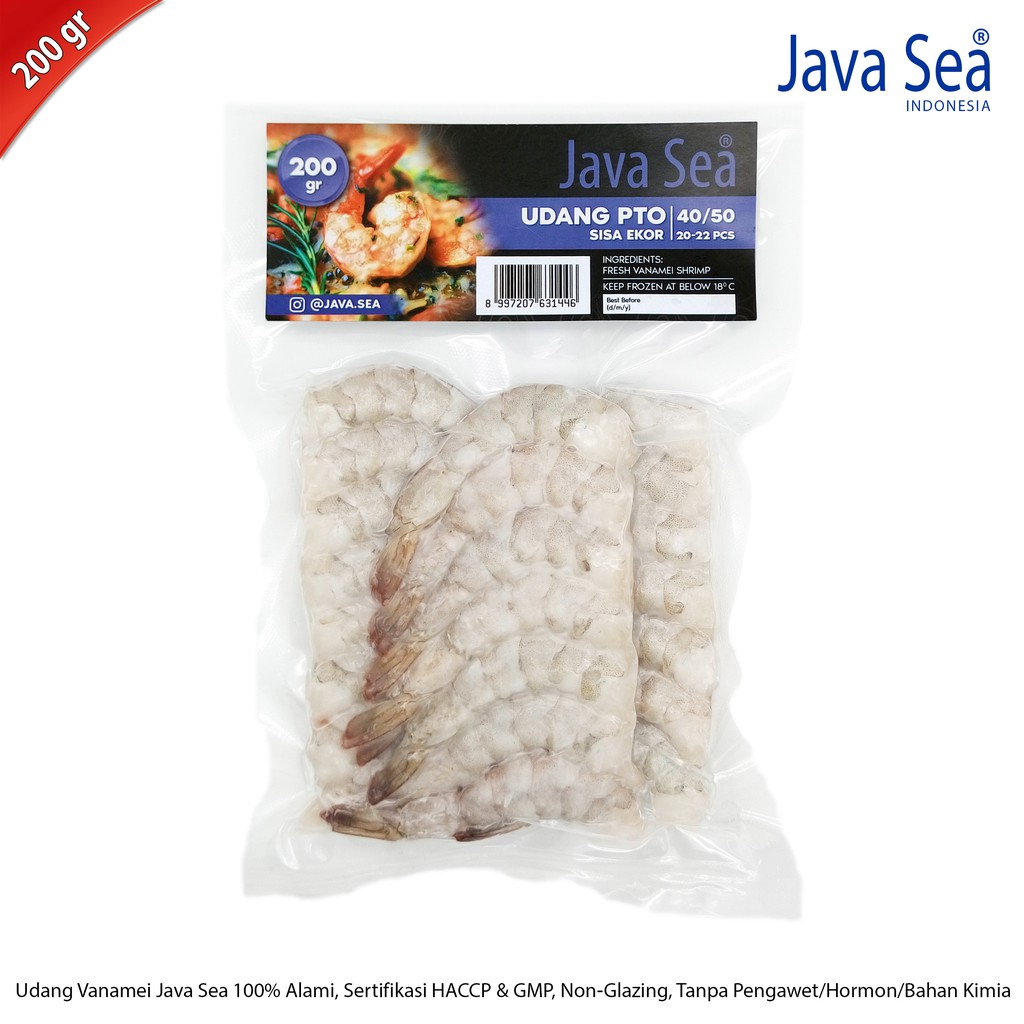 

JAVA SEA Udang Vanamei Sisa Ekor Beku PTO V 40/50 pack 200gr