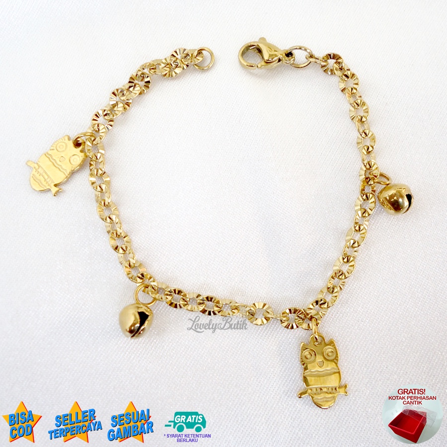 Lovelybutik Gelang Anak Perempuan Titanium Asli Anti Karat Gelang Tangan Anak Burhan Kecil Krincingan Rantai Nori Donat Ukuran 15 Cm BONUS TEMPAT PERHIASAN