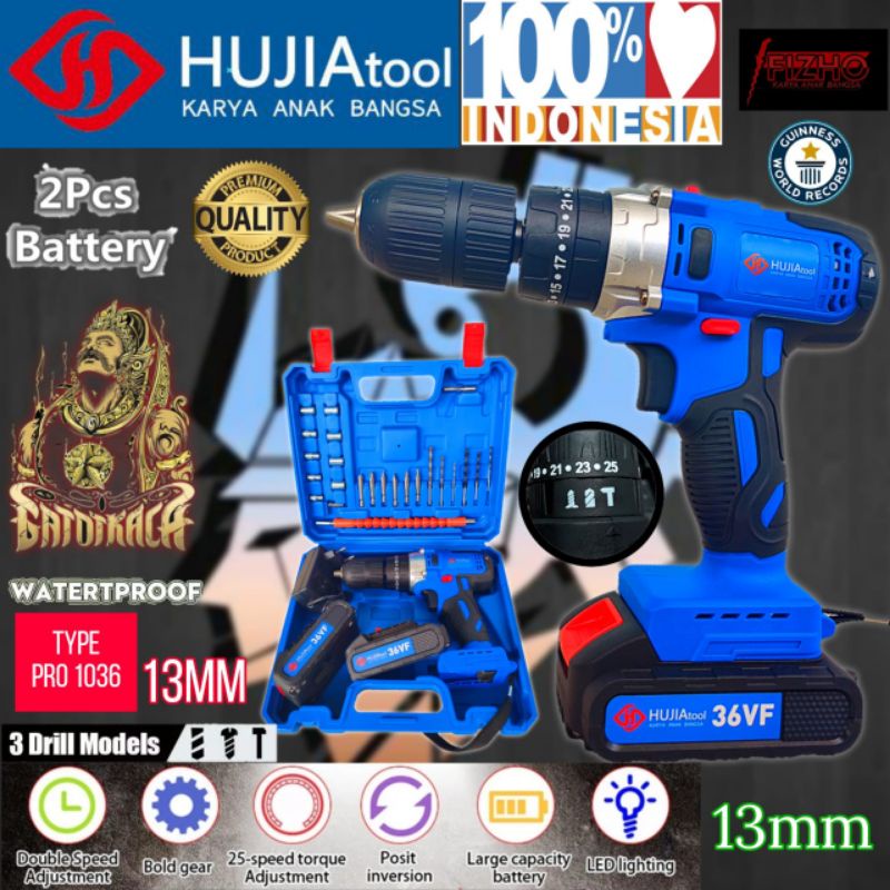 Mesin bor baterai hujia type pro 1036 13mm besi tembok Beton kayu impact drill cordless tanpa kabel 