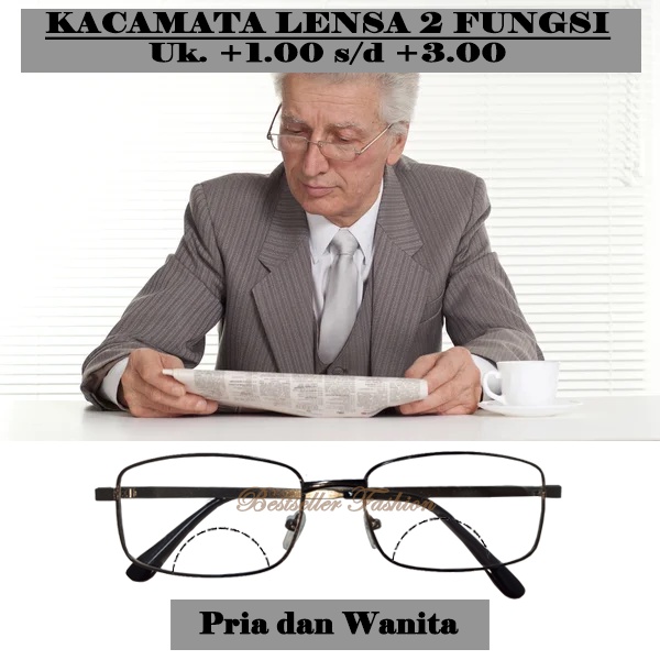 Kacamata Baca Plus Double Focus Uk. +1.00 s/d +3.00 Pria/Wanita | Frame Kacamata Unisex Jarak Jauh dan Jarak Dekat | Kacamata 2 Fungsi NOCASE