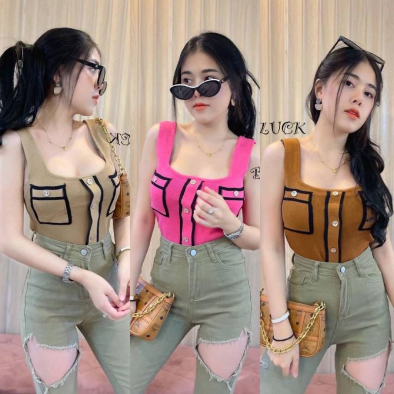 [Import BKK] Premium List Fake Pocket Knit Crop Tank top bangkok PO imported tengtop rajut croptop w