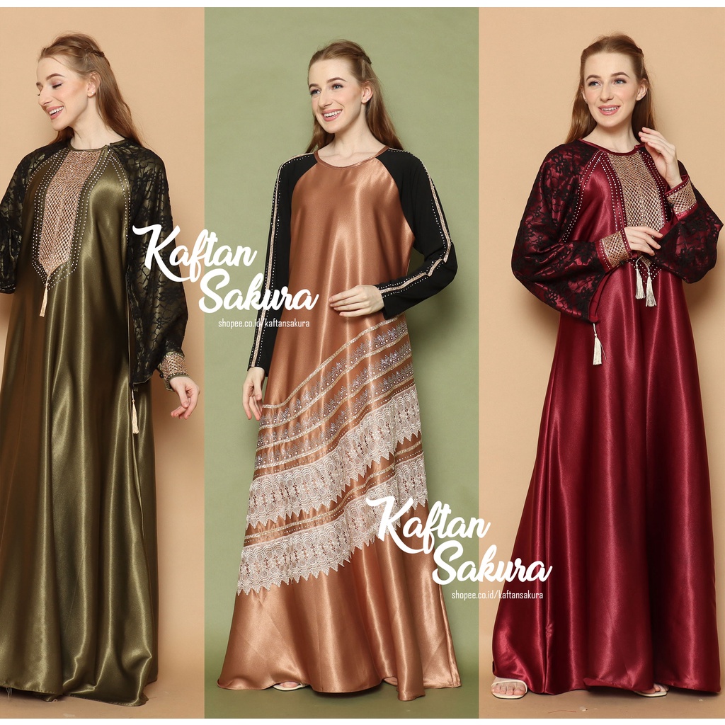 BAJU KAFTAN WANITA BAHAN SATIN PREMIUM WARNA HITAM MAROON NAVI UNTUK LEBARAN ALL SIZE MEWAH