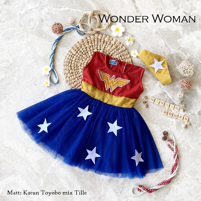 WONDER WOMEN DRESS FREE IKAT KEPALA/DRESS WONDER WOMEN ANAK DAN DEWASA / WONDER WOMEN COSPLAY/ KOSTUM WONDER WOMEN /KOSTUM HALLOWEN WONDER WOMEN