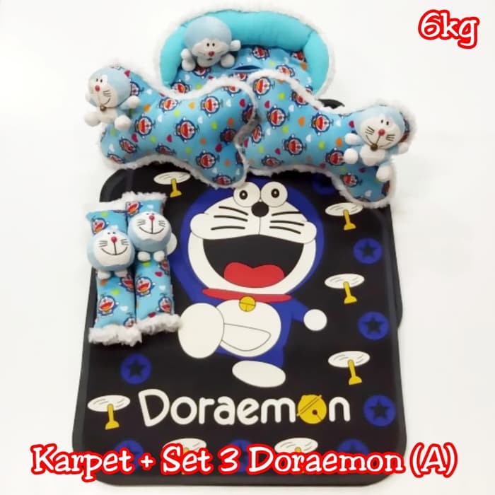 set bantal headrest kepala leher karpet mobil doraemon Pink fanta biru hitam 4 c