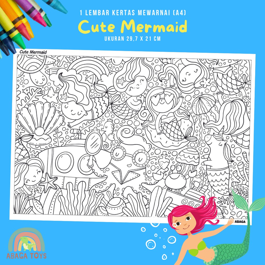 (Min Order 10Pcs) Kertas Gambar Mewarnai A4 - Latih Imajinasi, Kreativitas, Eksplorasi Warna (Coloring Page)-Cute Mermaid