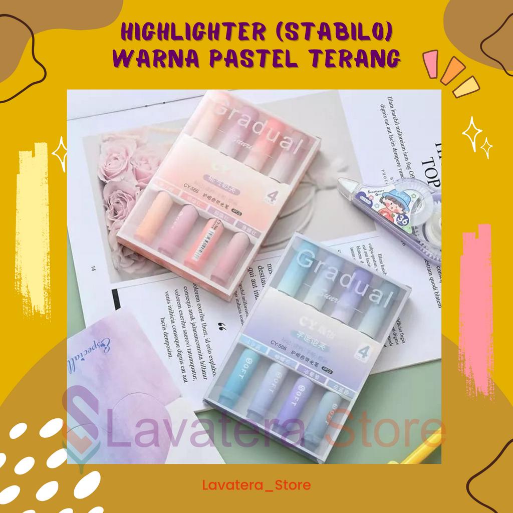 

LS - 1 SET ISI 4 HIGHLIGHTER WARNA PASTEL TERANG / 1 SET STABILO HIGHLIGHTER WARNA PASTEL TERANG