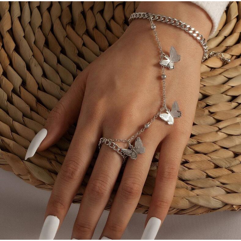 AY(CN) Set Gelang Cincin Rantai Desain Kupu-Kupu Warna Emas Silver Gaya Korea Untuk Wanita