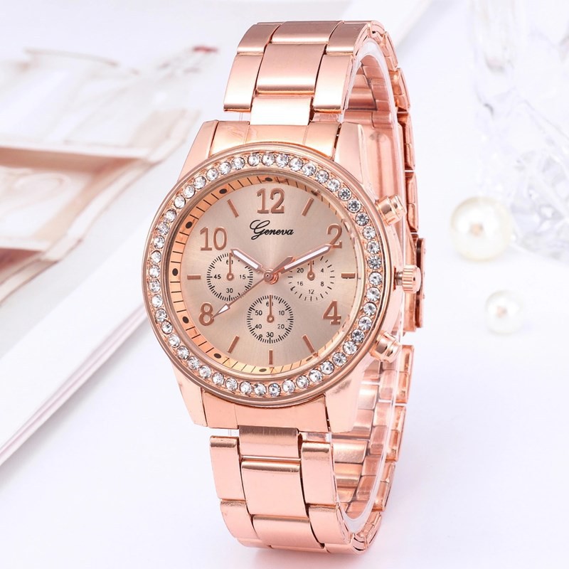 Jam Geneva Wanita Analog Diamond Fashion Casual Lady Wrist Watch Import-Rosegold