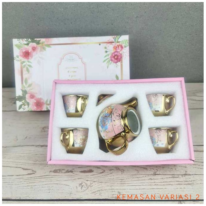 Cangkir Teko Keramik Piring Lepek Tatakan Kecil Mini Set 6 in 1 Tea Cup Teh Kopi Minum Dapur Hampers Hadiah Gift Box Kado Ulang Tahun Ultah Hantaran Wedding Nikahan Pernikahan Birthday Lahiran Kumpul Arisan Souvenir Murah Mewah Ceramic European Premium