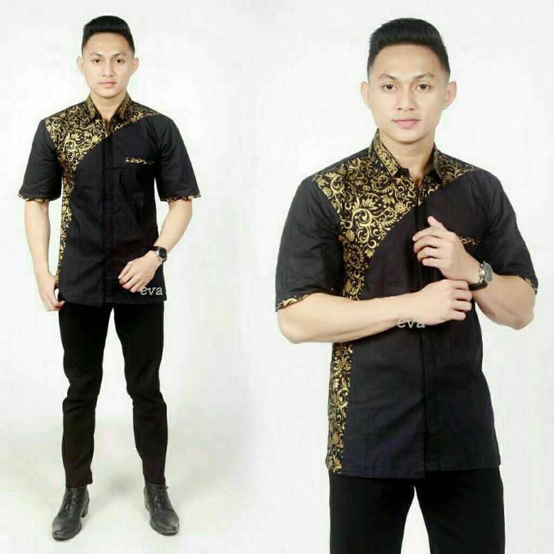BAJU KOKO KOMBINASI BATIK SIMPEL MOTIF SONGKET LENGAN PENDEK WARNA HITAM emas GOLD LEBARAN M L XL