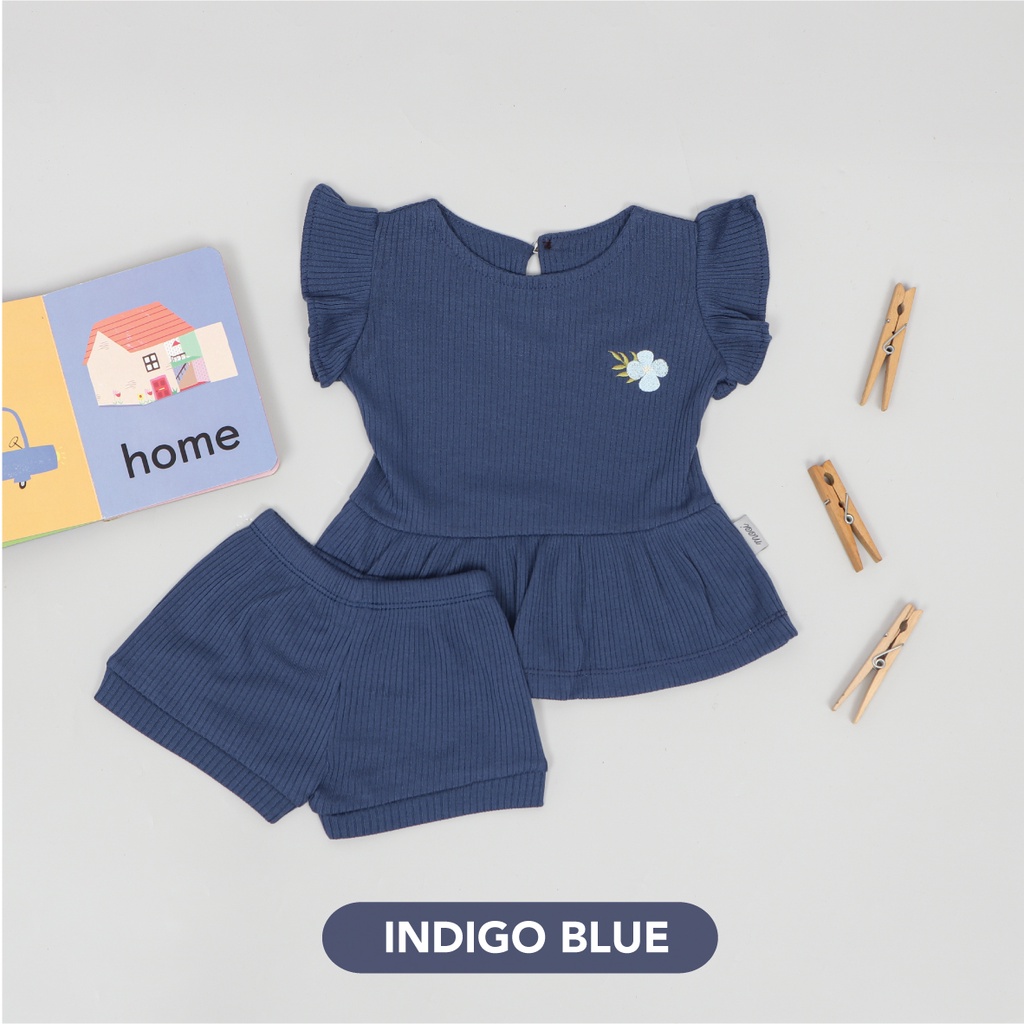 Mooi Setelan Anak Perempuan Rib Ruffle Set-INDIGO BLUE