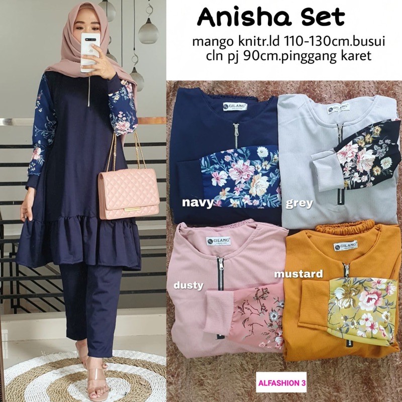 Baju Setelan Wanita Polos Lengan Motif Bunga Anisha Set Original by Alfashion3