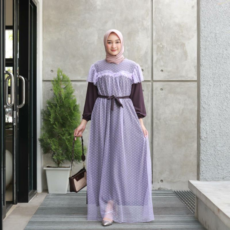 ld 106 NEW DOTY MAXI DRESS - Gamis Combi Tile Dot Free Belt