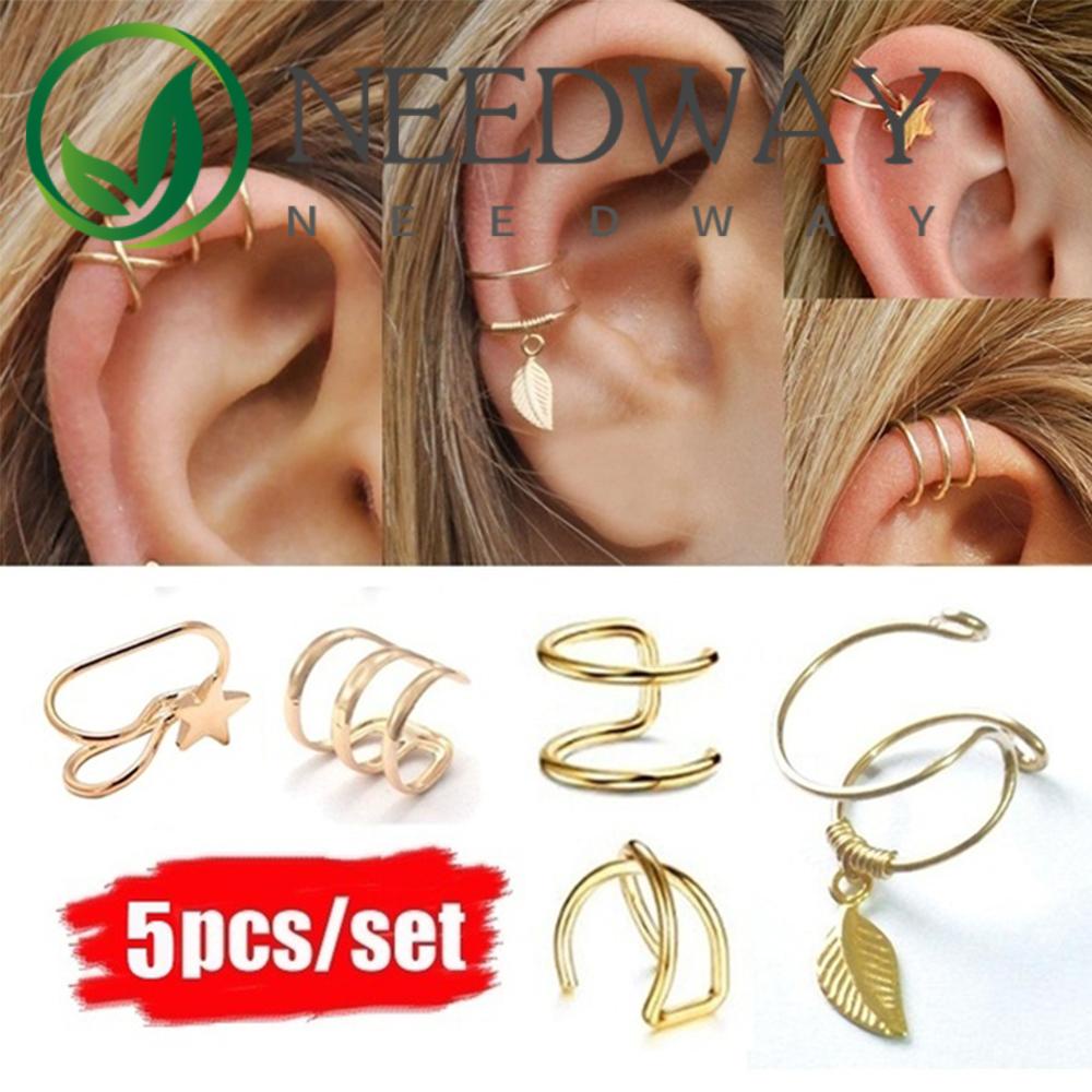 Needway  Fashion Clip Earrings Fake Non-Piercing Ear Cuffs Women Cartilage 5Pcs/Set Gold Leaf Men Clip On Cartilage Earrings/Multicolor