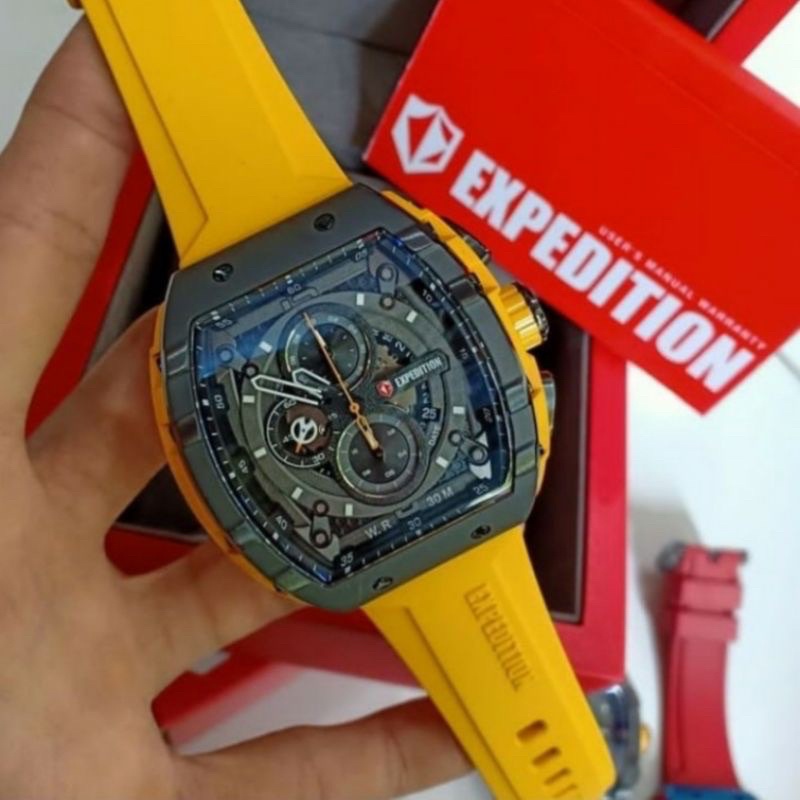 Jam Tangan Pria Expedition 6782 Black Rubber Yellow Original