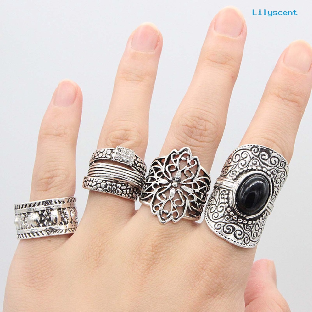 4pcs / Set Cincin Knuckle Bahan Alloy Motif Ukir Hollow Gaya Etnik Untuk Unisex