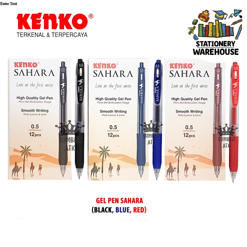 KENKO GEL PEN SAHARA Pena / Pulpen HITAM BIRU MERAH Pulpen Cetek K-1 ECO