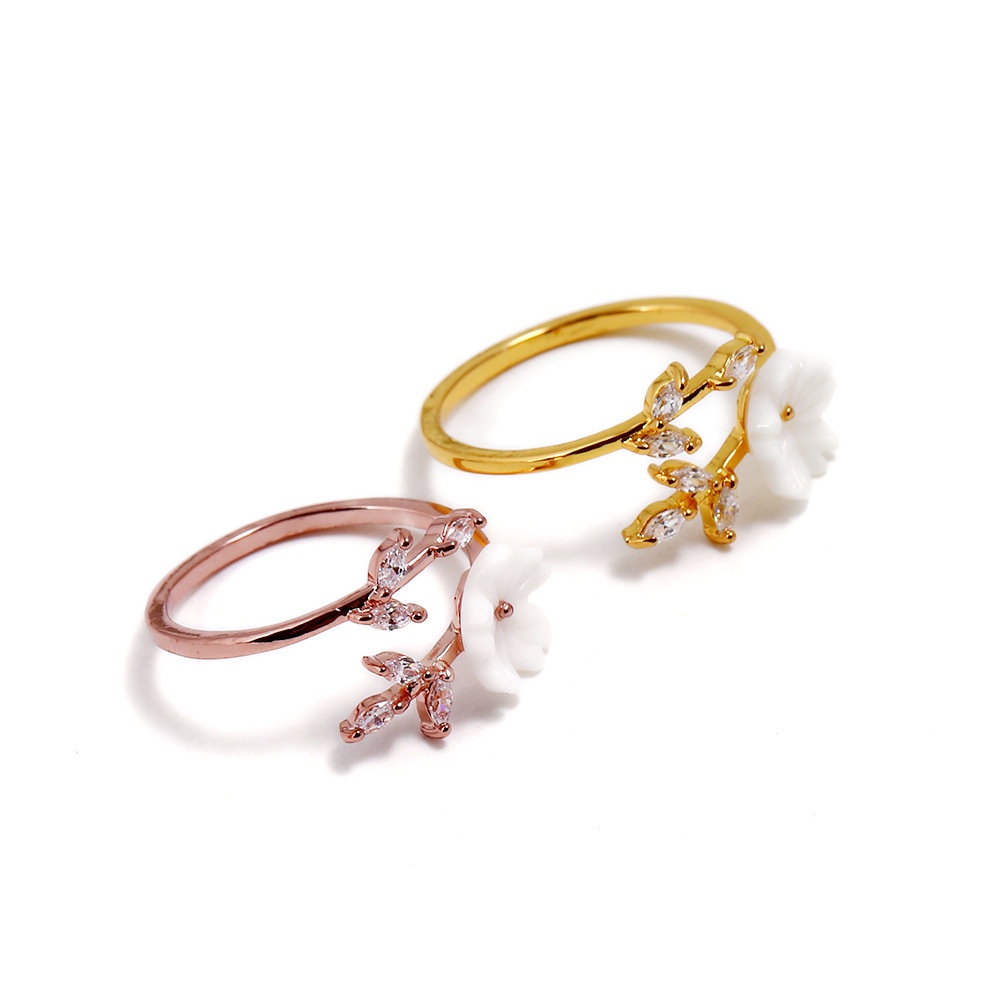 Cincin Model Terbuka Desain Cabang Daun Bunga Aksen Zirkon Warna rose gold
