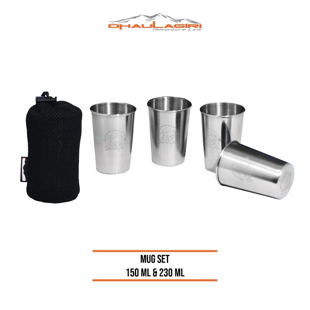 Gelas Mug 4 SET 180 ML 250 ML DHAULAGIRI Cangkir Minum Stainless Steel Outdoor Camping