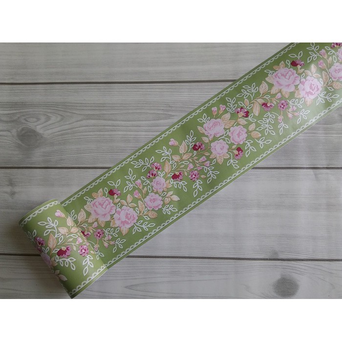 WALLPAPER BORDER STICKER LIS PEMBATAS BUNGA PINK ALAS HIJAU SEJUK
