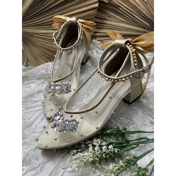 sepatu wanita wedding v merrisa gold tali pita 5cm tahu