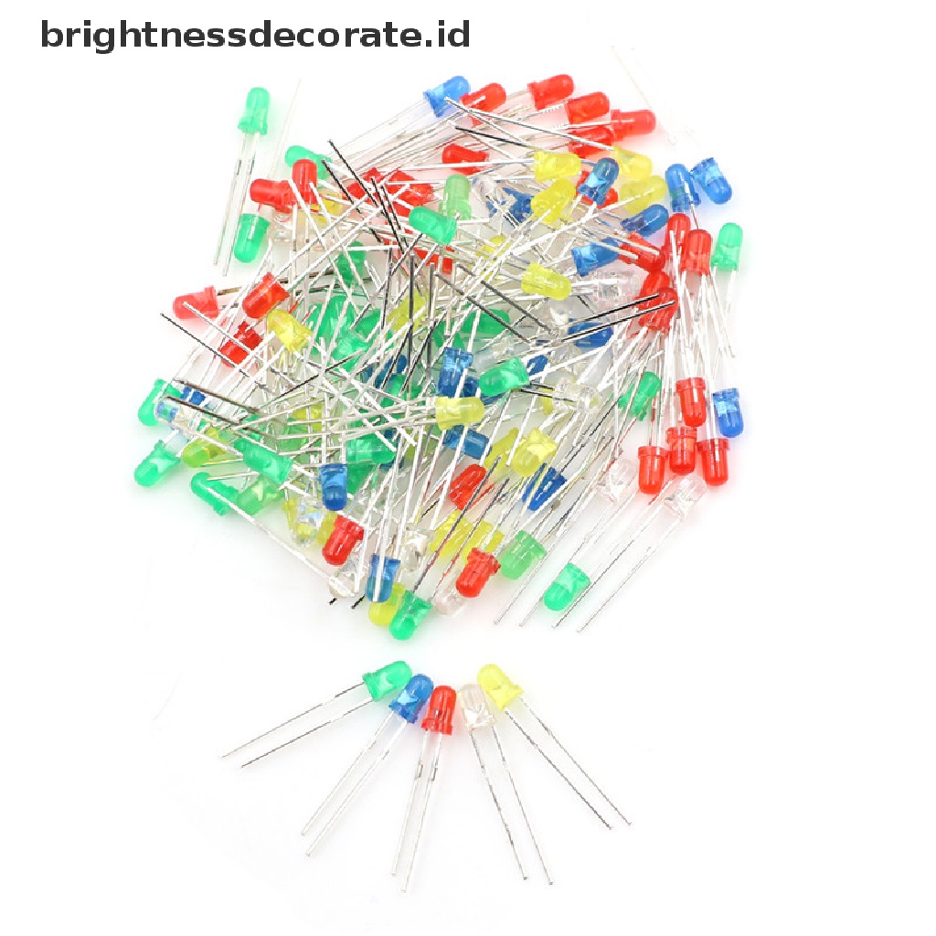 100 Pcs / Set Dioda Pemancar Cahaya Led 3mm Warna Merah Hijau Putih Biru Kuning 20ma 2 Pin