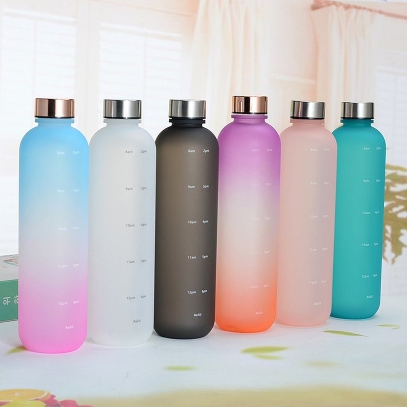 Botol Air Minum Portable Bahan Plastik Kapasitas 1000ml Dengan Skala Waktu Untuk Fitness