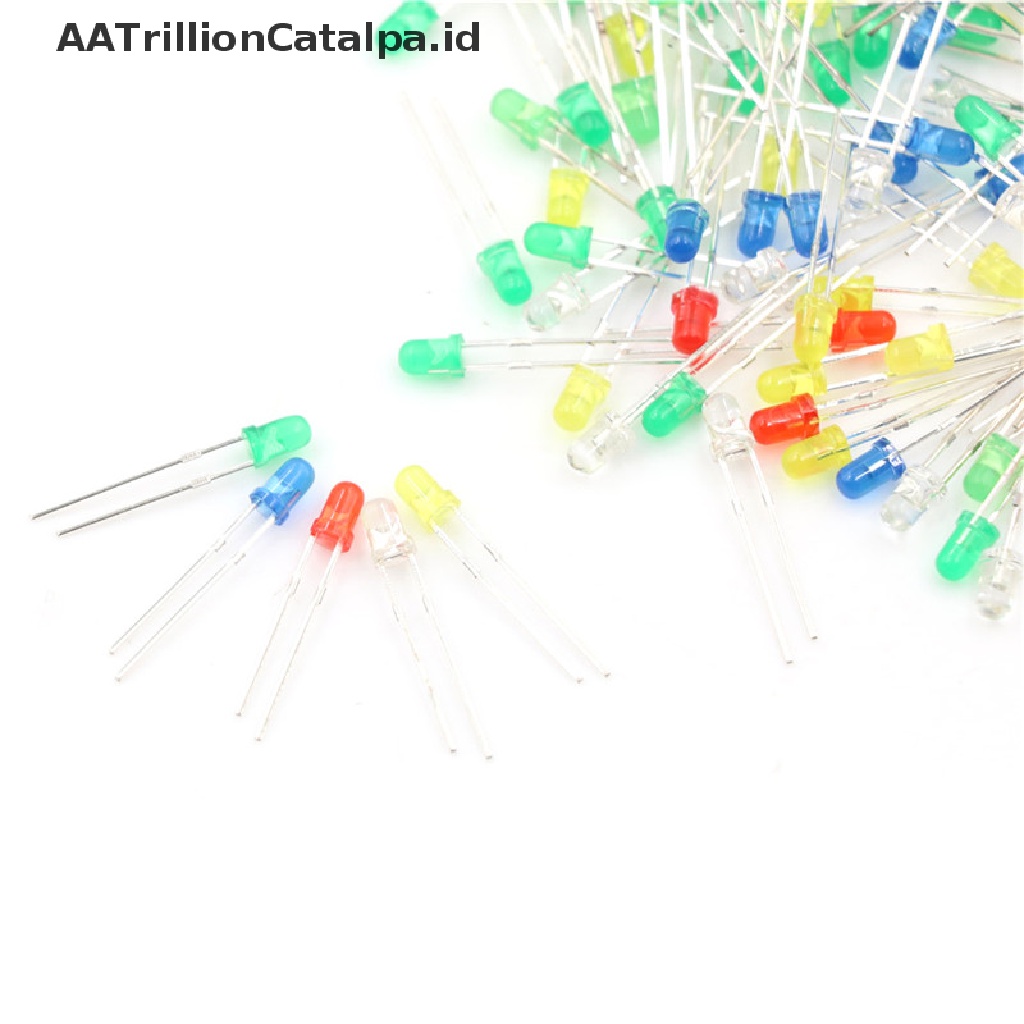 Aatrillioncatalpa 100Pcs / Set Dioda Lampu LED 3mm 20mA 2 Pin Warna Merah / Hijau / Putih / Biru / Kuning