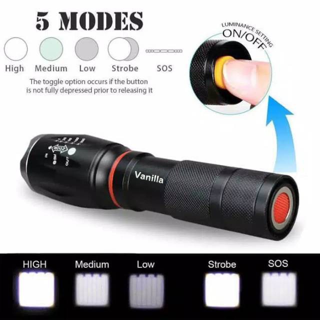 Paket Senter LED 8000 Lumens Zoomable 5 Mode Torch Police Tactical