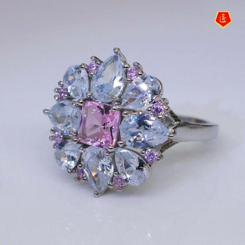[Ready Stock]Pink Crystal Square Diamond Ring Sweet and Elegant