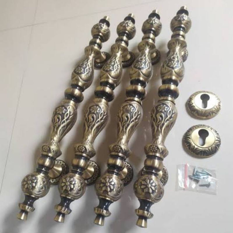 1 Set Perlengkapan Pintu - Handle Pintu Rumah Kuningan Motif Manggis