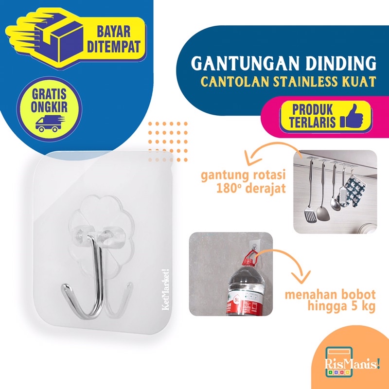 TRANSPARENT WALL HOOKS - Pengait Gantungan Dinding Kamar Toilet Dapur Baju Kunci Serbaguna Kuat