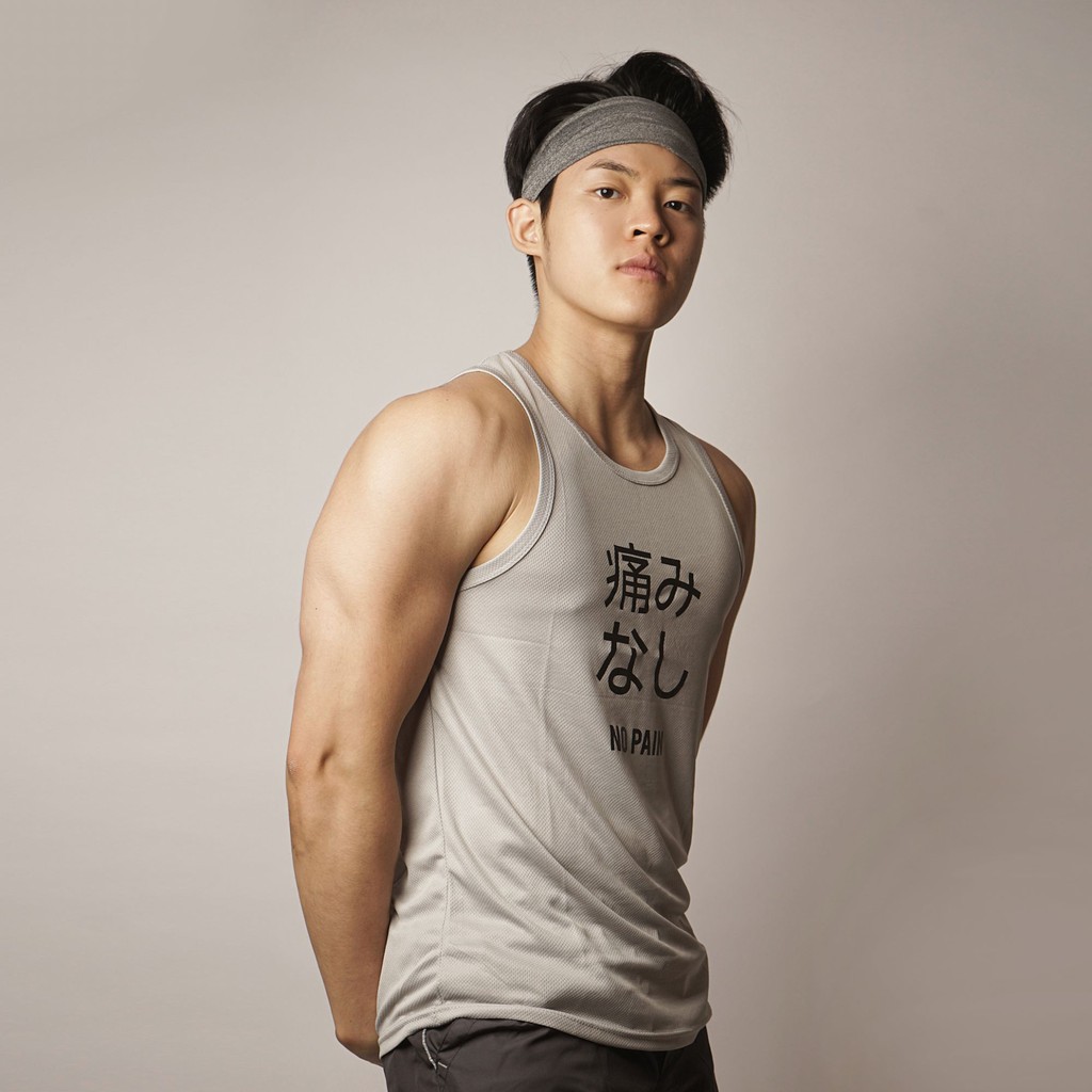 DONSON Sportswear Sleeveless Tanktop Singlet Versi Hitam No Pain Katakana Grey