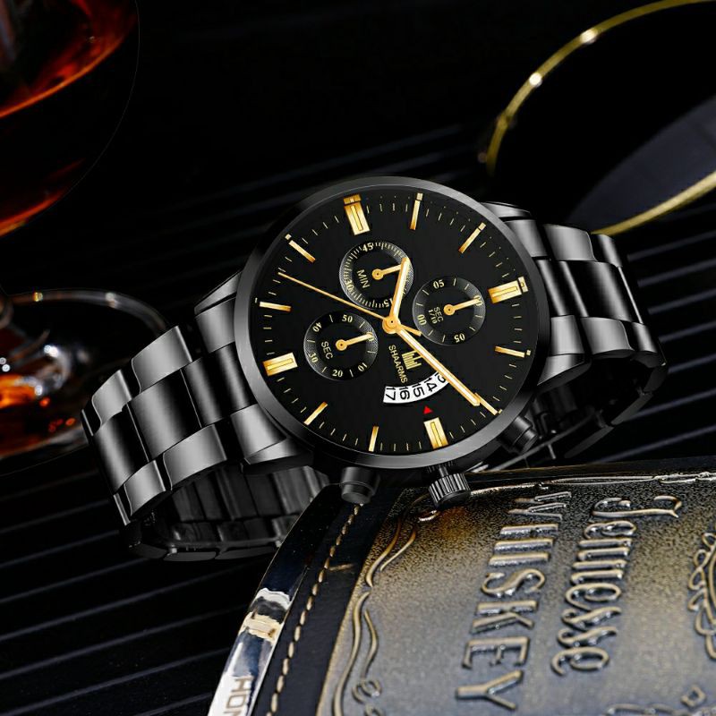 Jam Tangan SHAARMS Pria Strap Stainless Steel Kalender Model Kasual Cowok Milenial JT36A