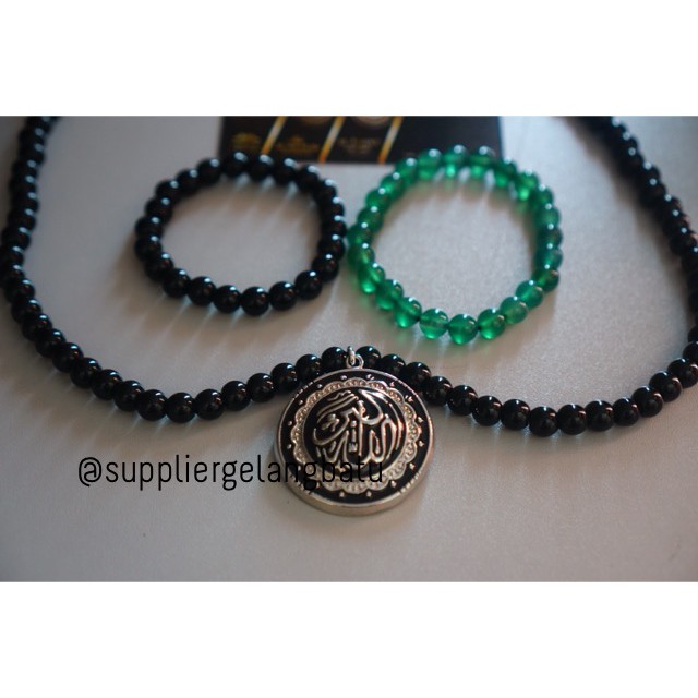 PROMO Kalung batu onyx ALLAHUAKBAR SILVER paket gelang giok muslim aksesoris fashionita pria wanita
