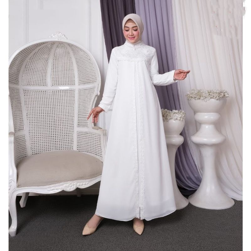 Gamis lebaran terbaru 2025 Gamis putih tulang kalung mutiara/baju gamis berukat putih tulang gamis w