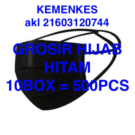 GROSIR MASKER HIJAB HEADLOOP HITAM 3PLY(10BOX) = 500PCS