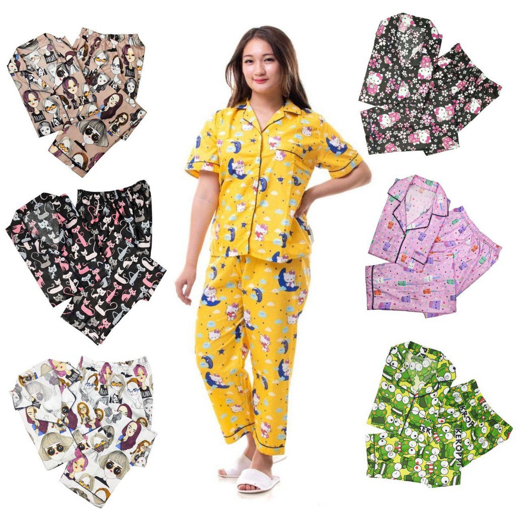 Setelan Dewasa daster CP karakter tsum tsum / doraemon / hello kitty / blackcat / moon star