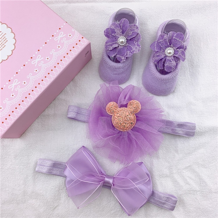 Kado Bayi Baru Lahir Hampers Newborn Bandana Kaos Kaki Bayi Lucu / Giftset Bandana Kaos Kaki Newborn-Purple 5