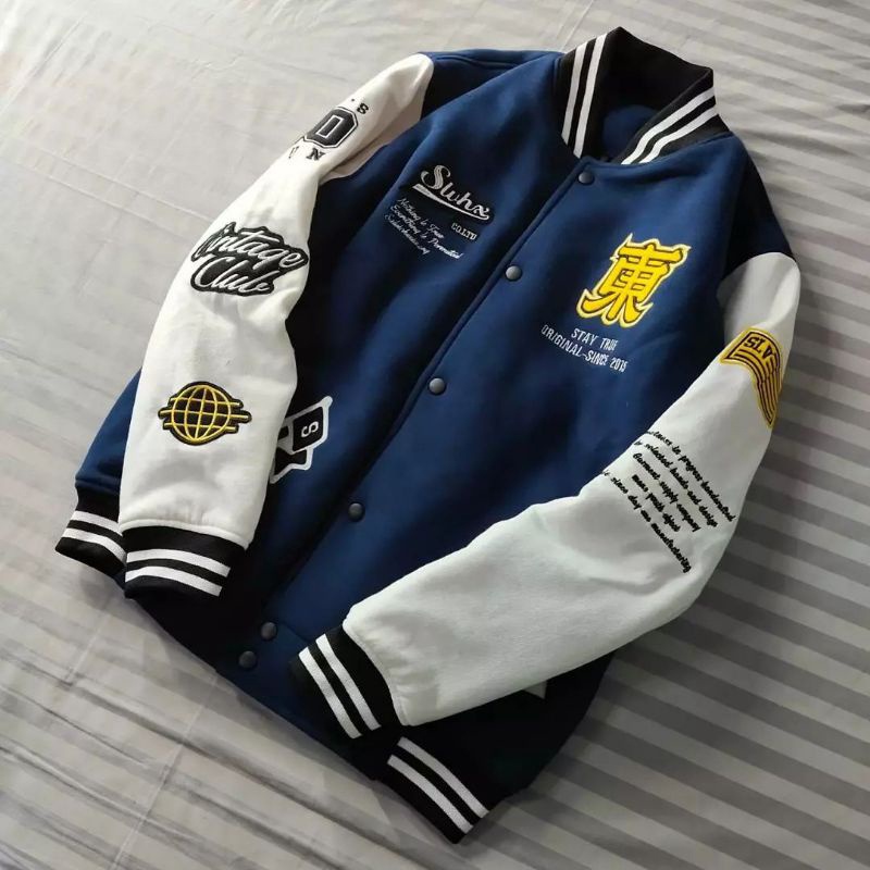 Jaket Varsity Baseball Distro Polos Unisex Pria dan Wanita / Jaket Baseball Full Print Bordir Salvio Hexia