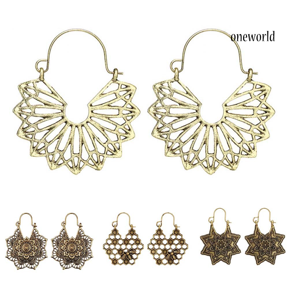 OW@ Bohemian Women Hollow Flower Honeycomb Filigree Hoop Earrings Retro Jewelry Gift