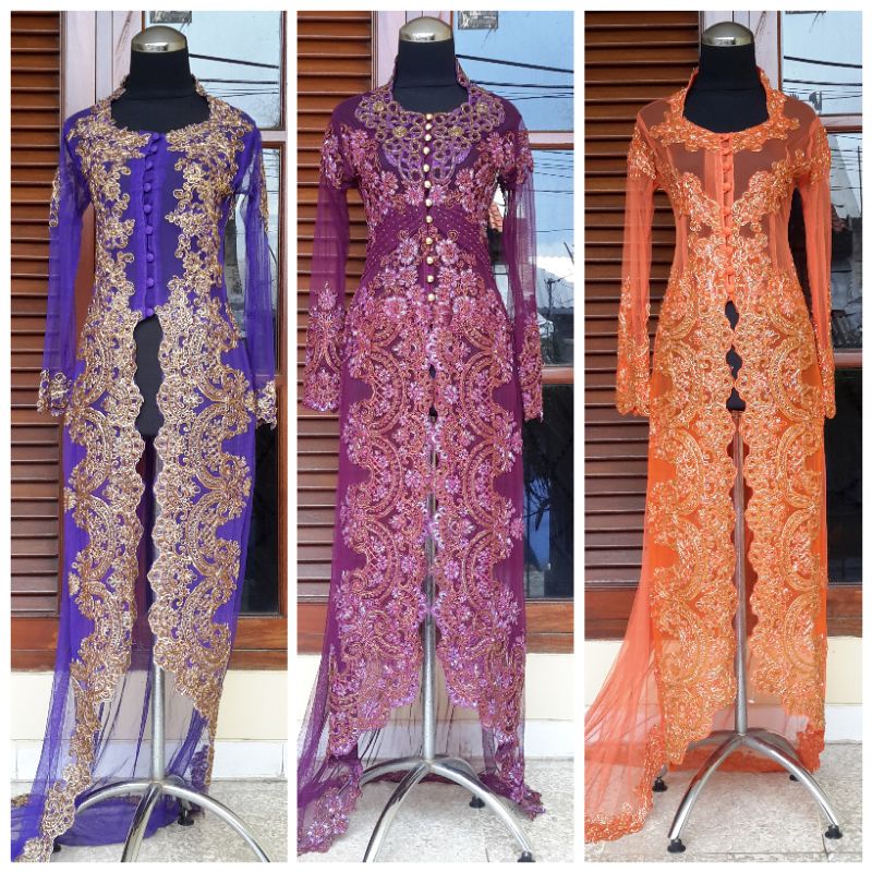 CUCI GUDANG Kebaya pengantin ekor korneli ungu marun oranye