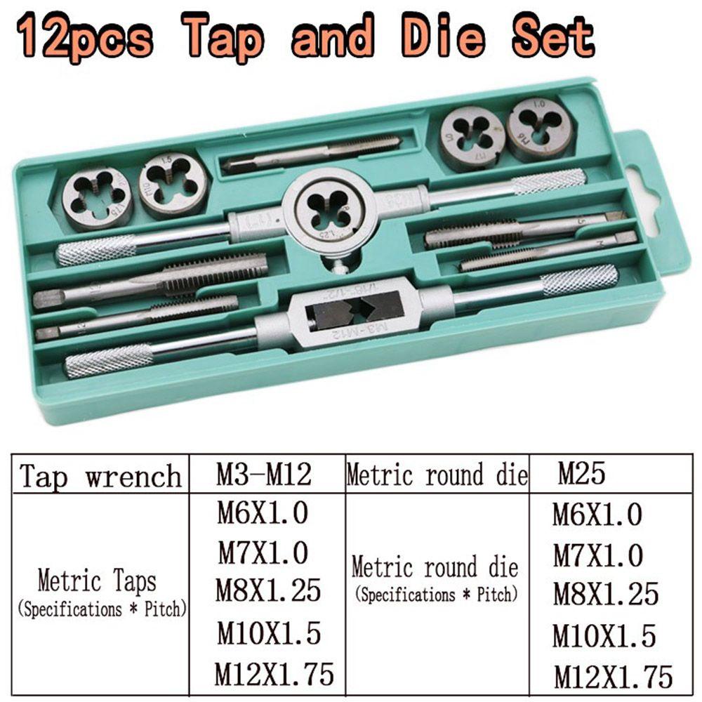 Populer 12pcs Tap Dies Set Die Stock Adjustable Die Wrench Sekrup Taps Bearing Steel Hand Tools Drat Colokan Keran