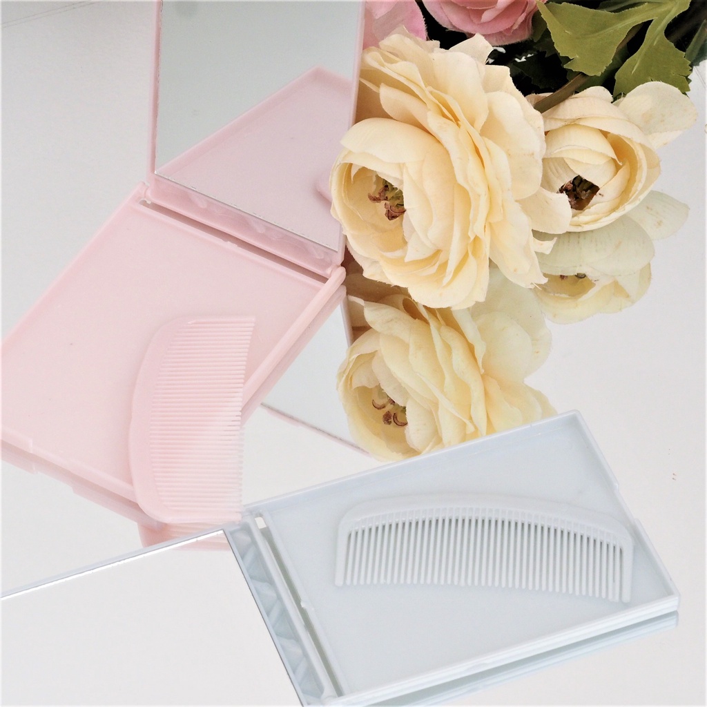 Cermin Lipat dan Sisir Motif Elegant Warna Soft Cermin Saku Kotak Kaca Make Up Portable Aesthetic Travel