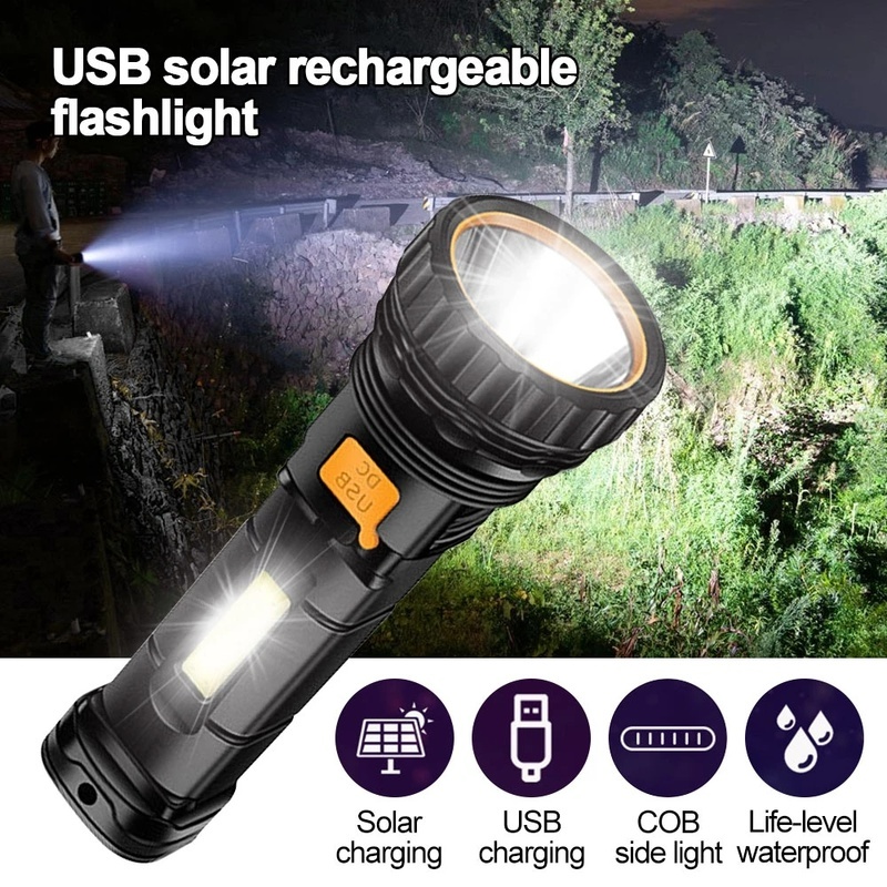 (Solar Usb Rechargeable Lampu Senter Led Cob 3 Mode Tahan Air Untuk Hiking / Camping / Outdoor