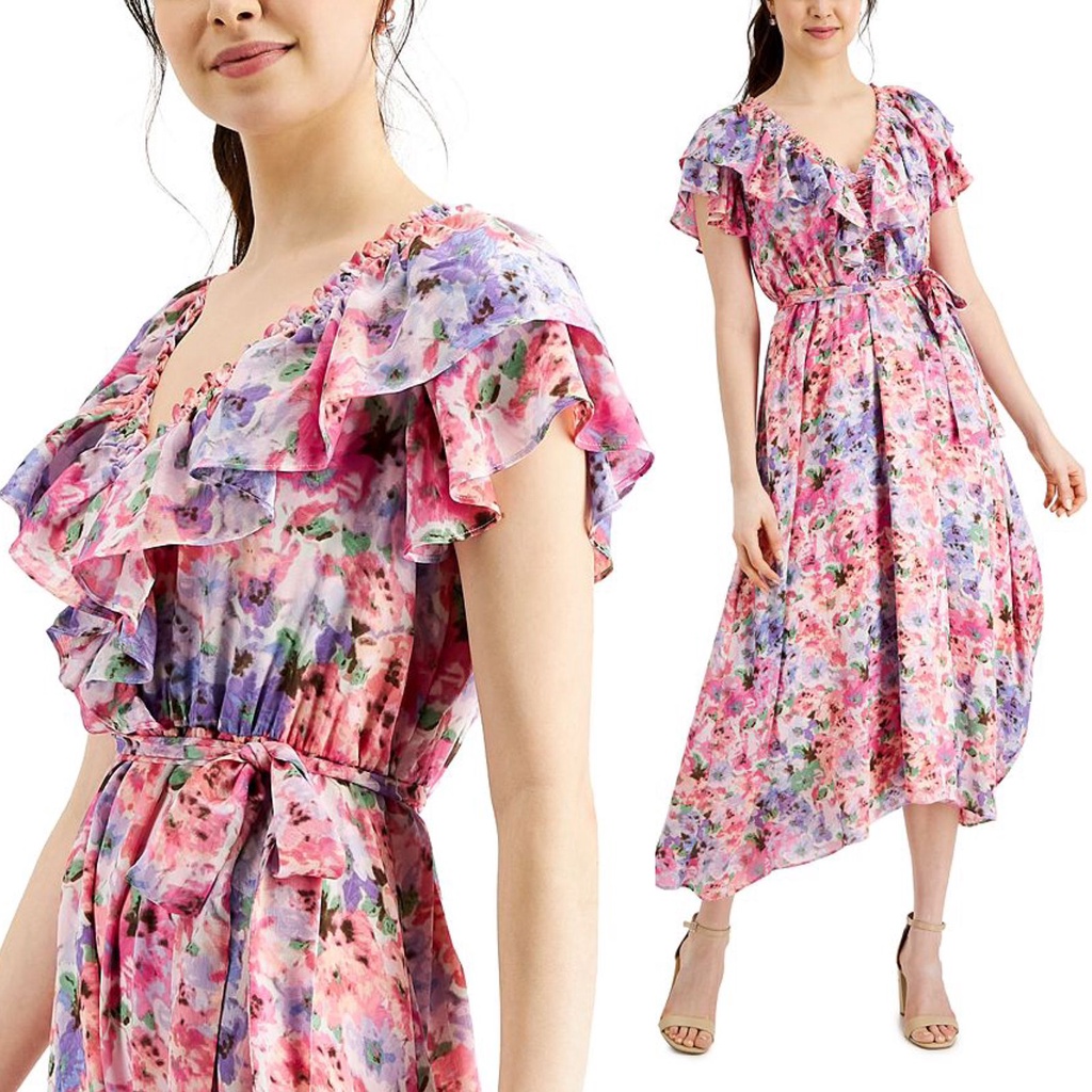 Taylor ruffled floral print chiffon A line dress in rose pink