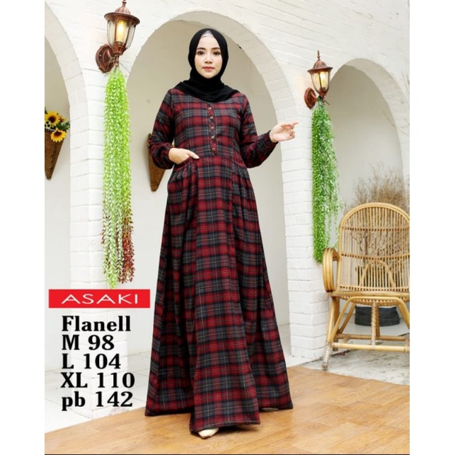 Gamis muslimah , gamis asaki bahan flanel , busui dan wudhu frendly , gamis flanel murah