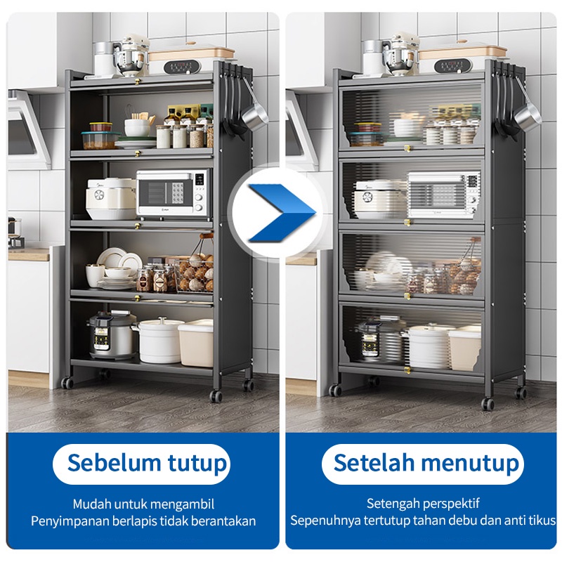 Rak Kabinet Dapur Rak Lemari Dapur Oven Microwave Rak Penyimpanan Multi-layer Dengan Roda Pintu